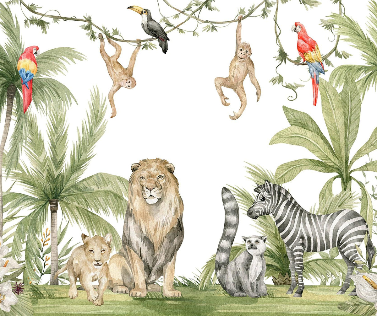 Papier peint jungle enfant zèbre lion singe