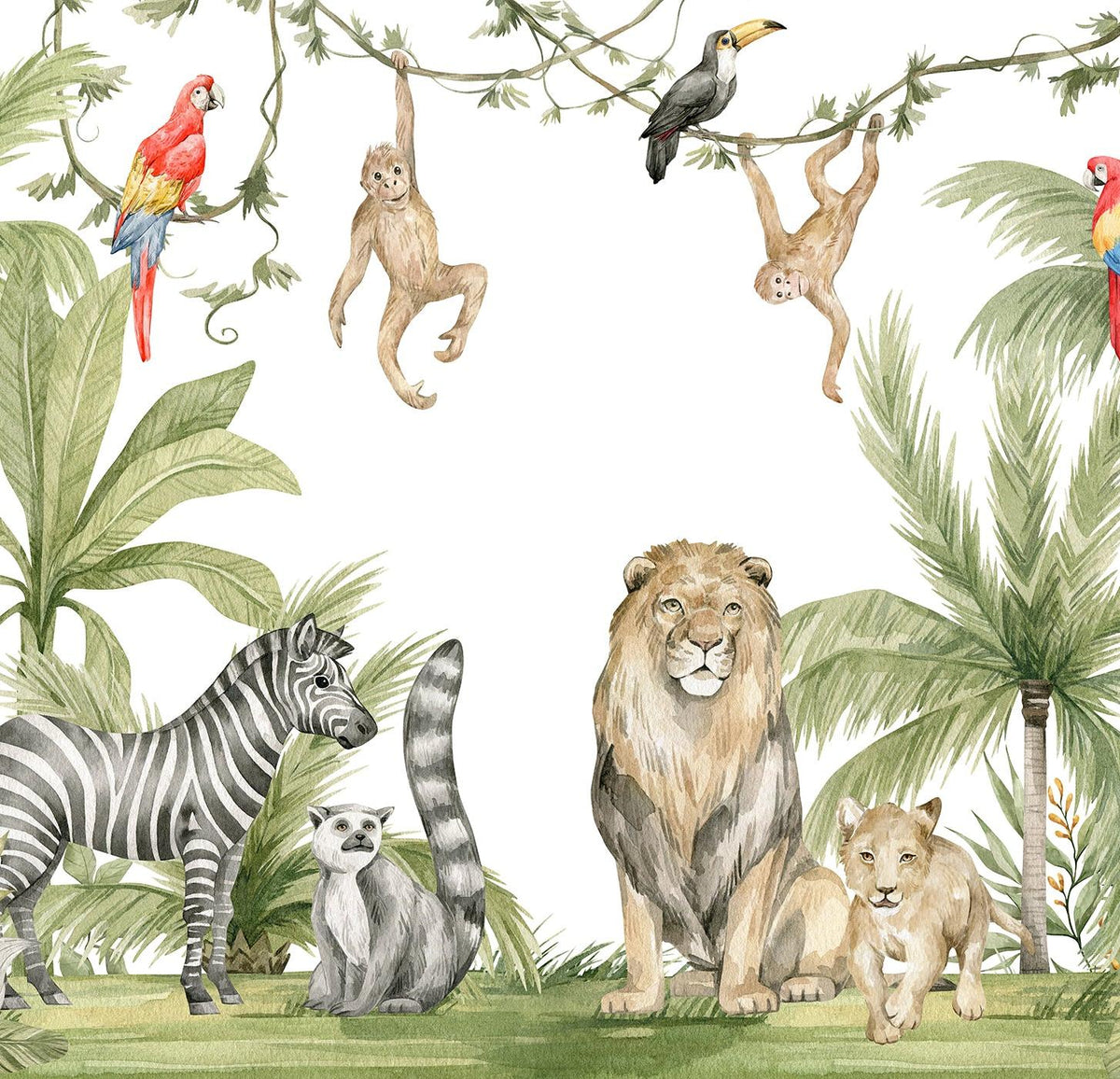 Papier peint jungle enfant zèbre lion singe