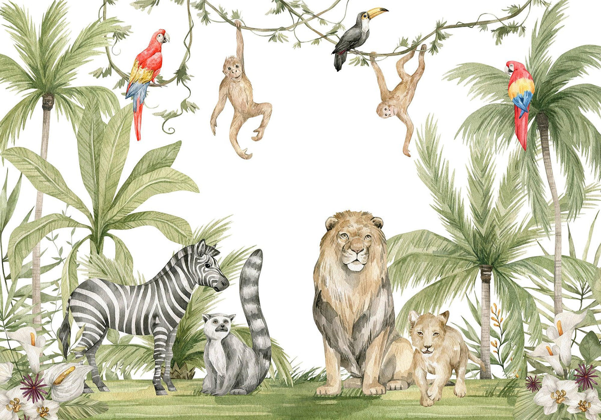 Papier peint jungle enfant zèbre lion singe