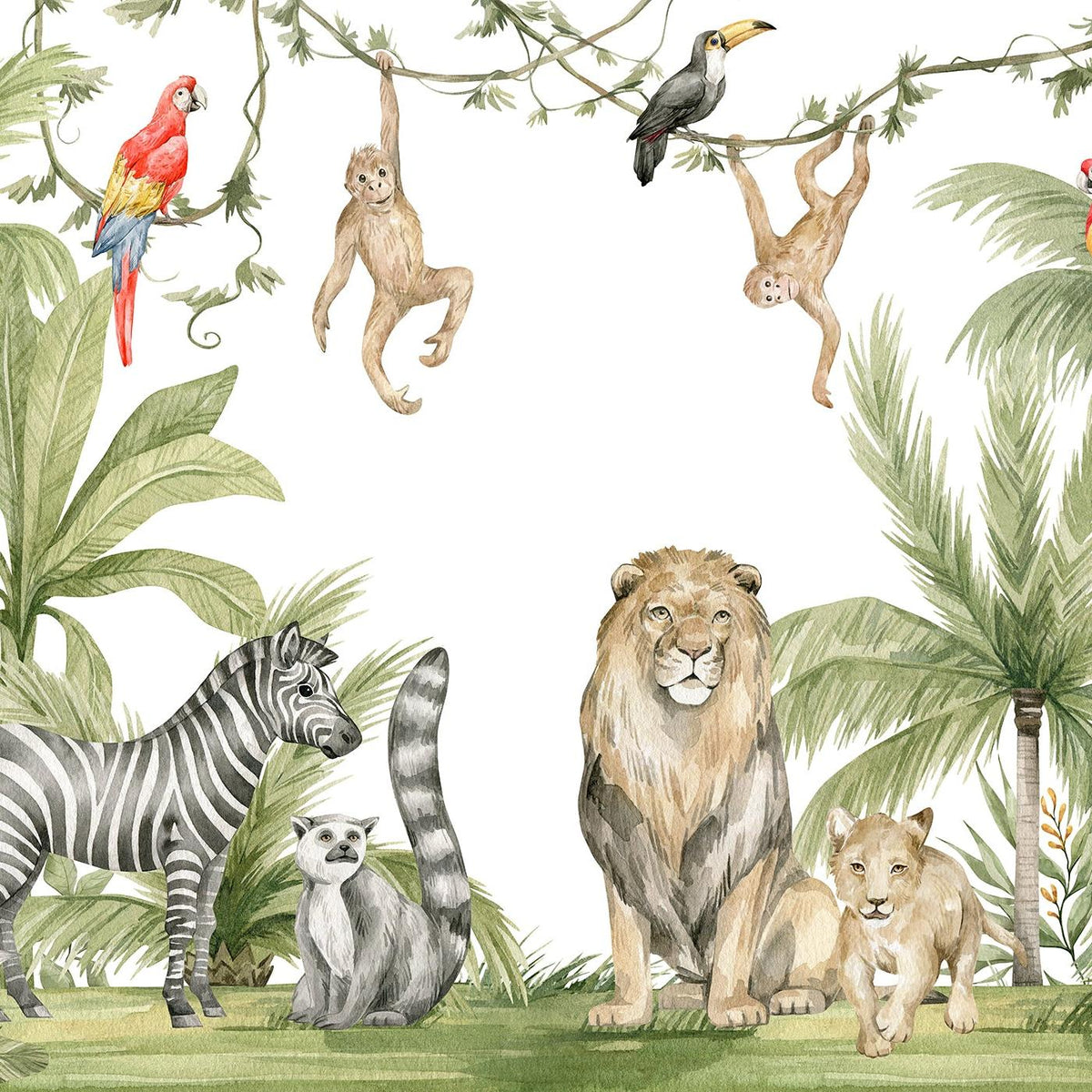 Papier peint jungle enfant zèbre lion singe