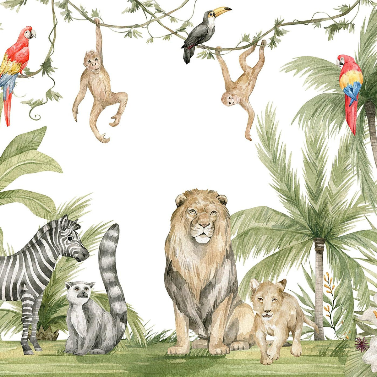 Papier peint jungle enfant zèbre lion singe