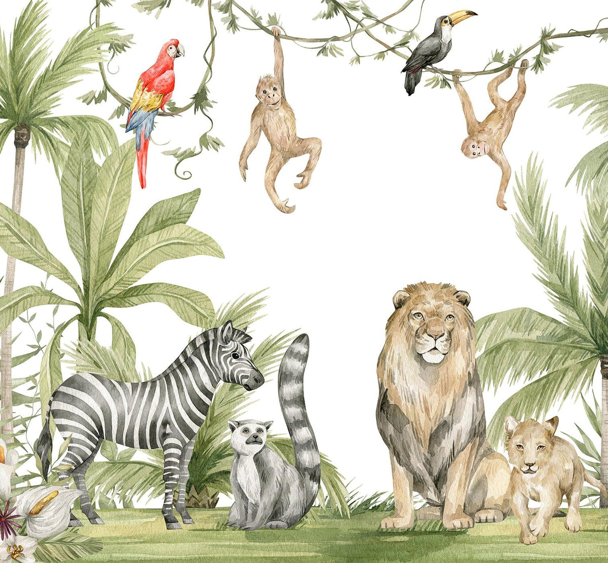 Papier peint jungle enfant zèbre lion singe