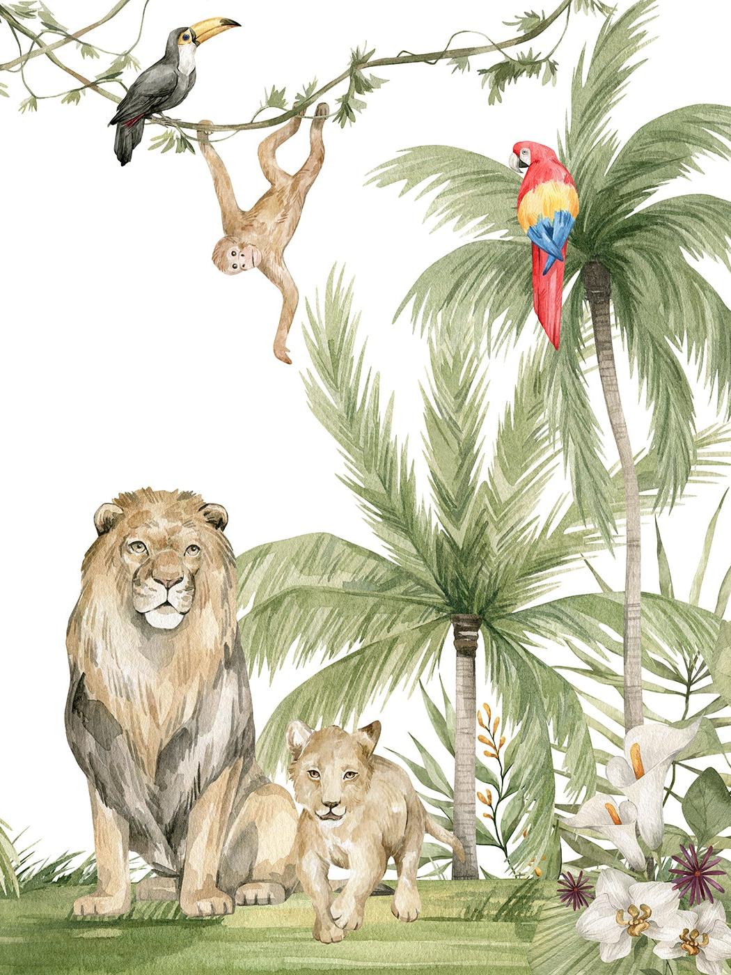 Papier peint jungle enfant zèbre lion singe