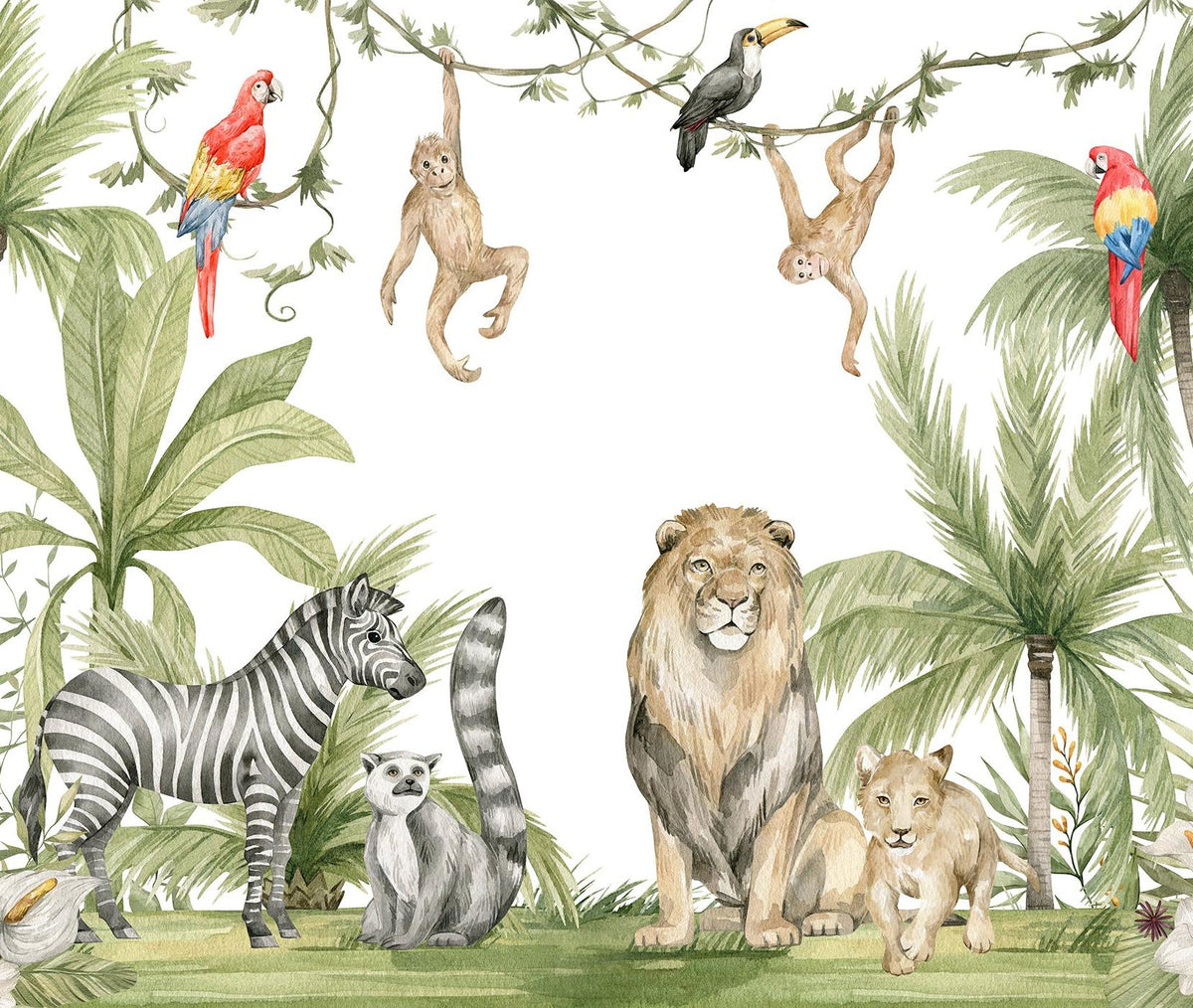Papier peint jungle enfant zèbre lion singe