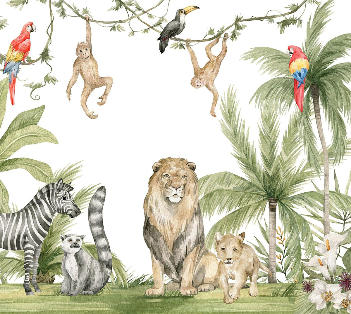 Papier peint jungle enfant zèbre lion singe