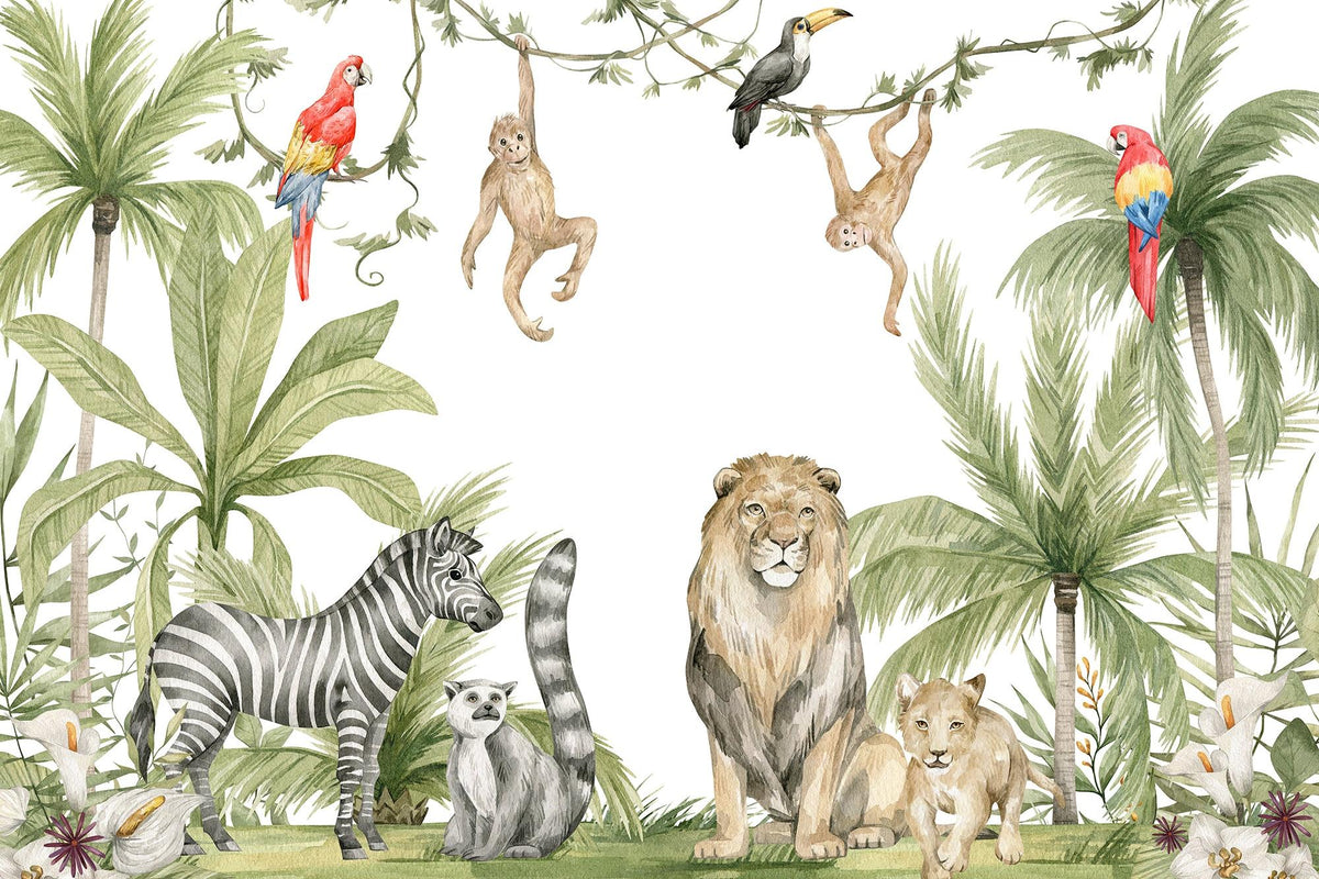 Papier peint jungle enfant zèbre lion singe