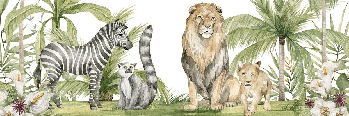 Papier peint jungle enfant zèbre lion singe