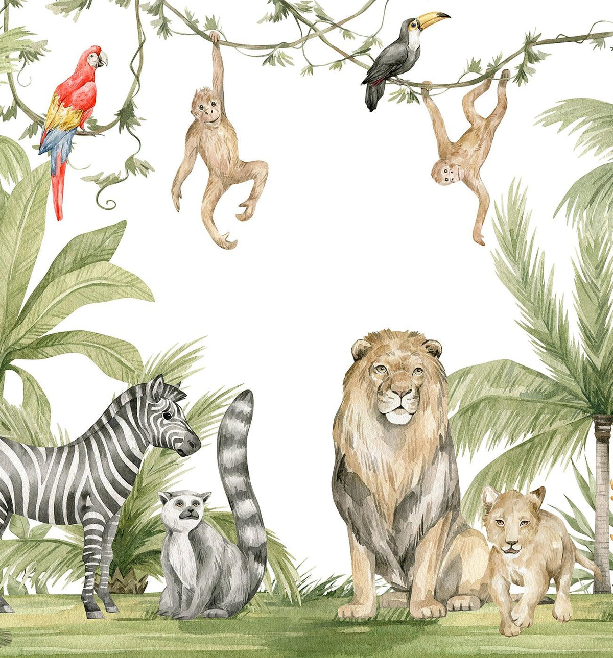 Papier peint jungle enfant zèbre lion singe