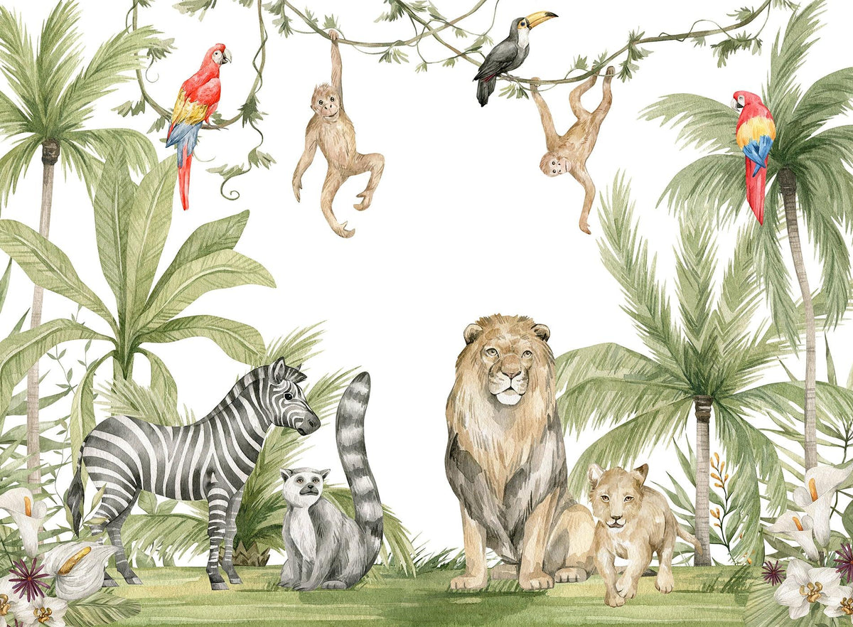 Papier peint jungle enfant zèbre lion singe