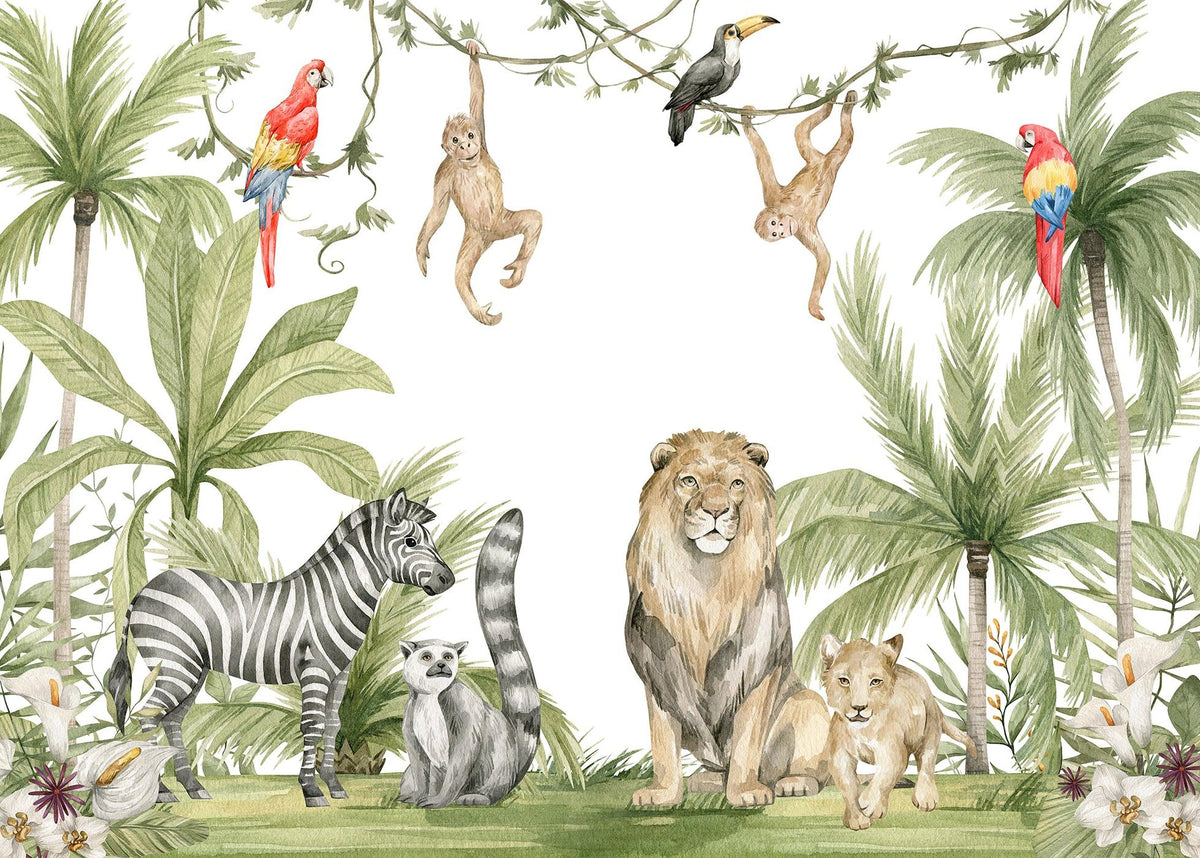 Papier peint jungle enfant zèbre lion singe