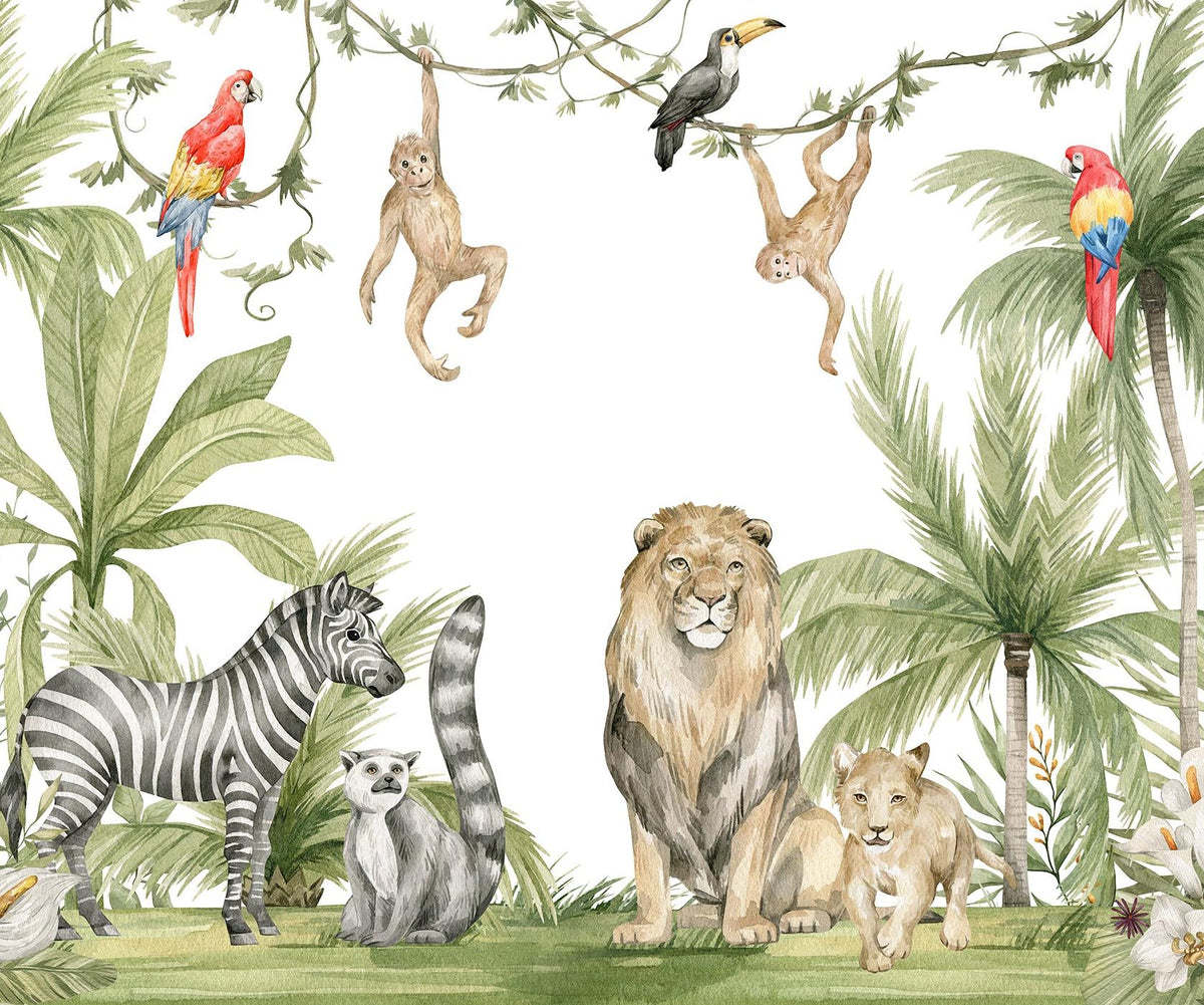 Papier peint jungle enfant zèbre lion singe