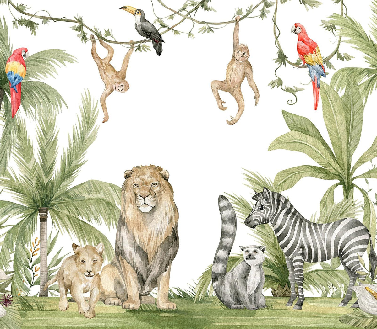 Papier peint jungle enfant zèbre lion singe