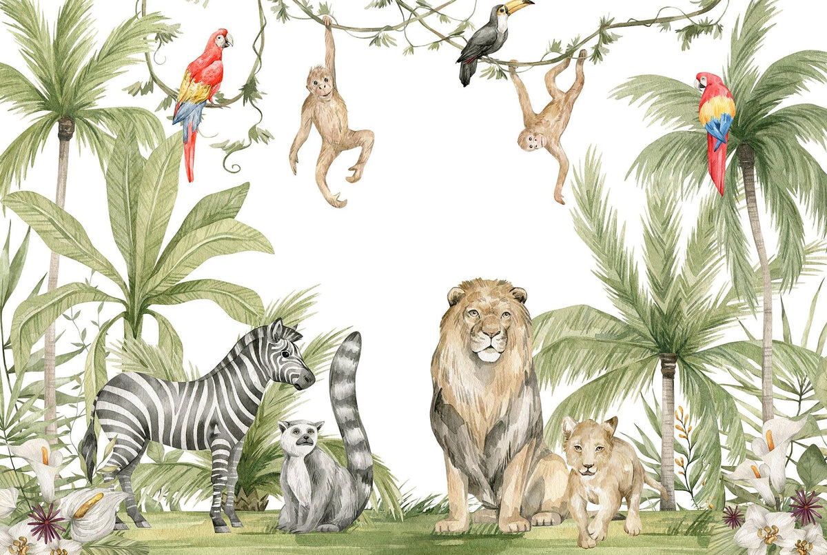 Papier peint jungle enfant zèbre lion singe