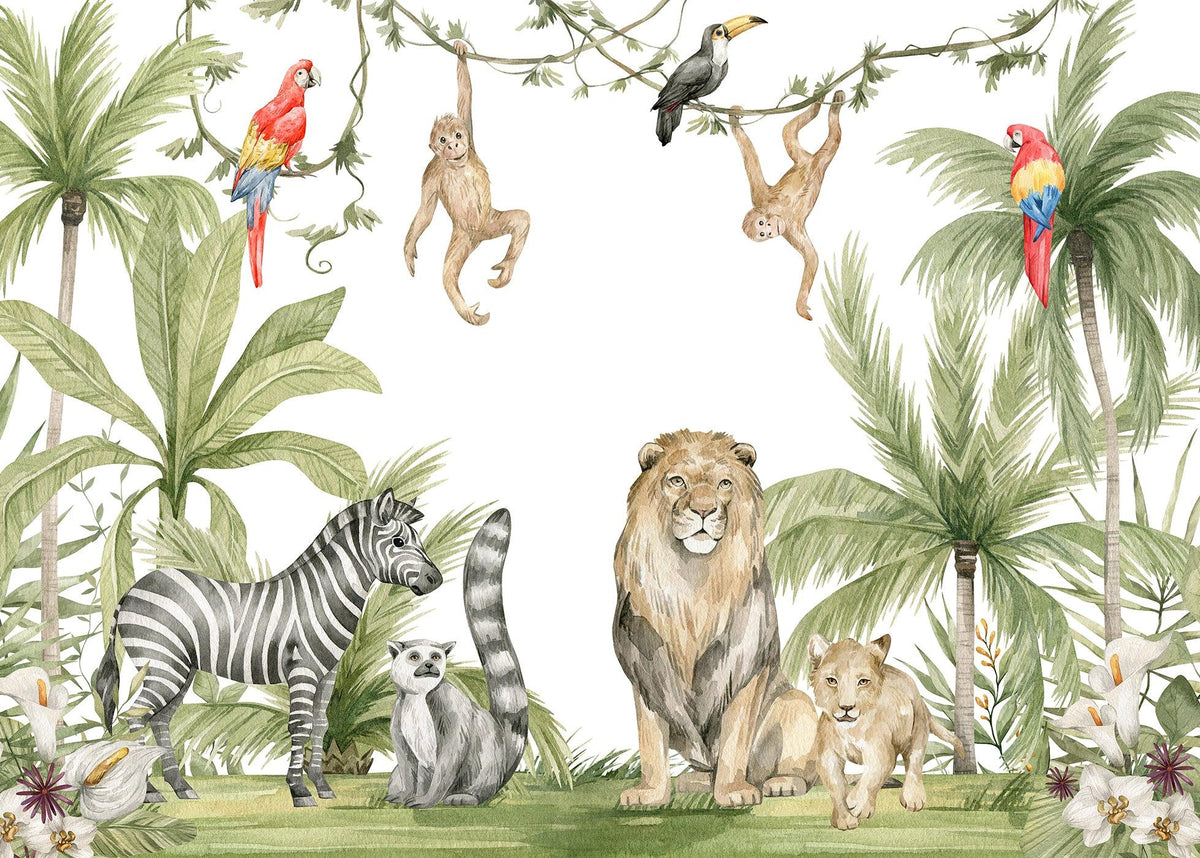 Papier peint jungle enfant zèbre lion singe