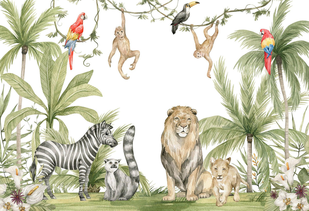 Papier peint jungle enfant zèbre lion singe
