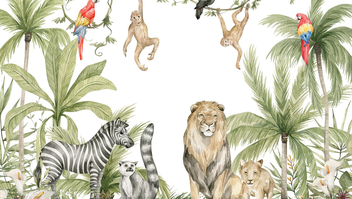 Papier peint jungle enfant zèbre lion singe
