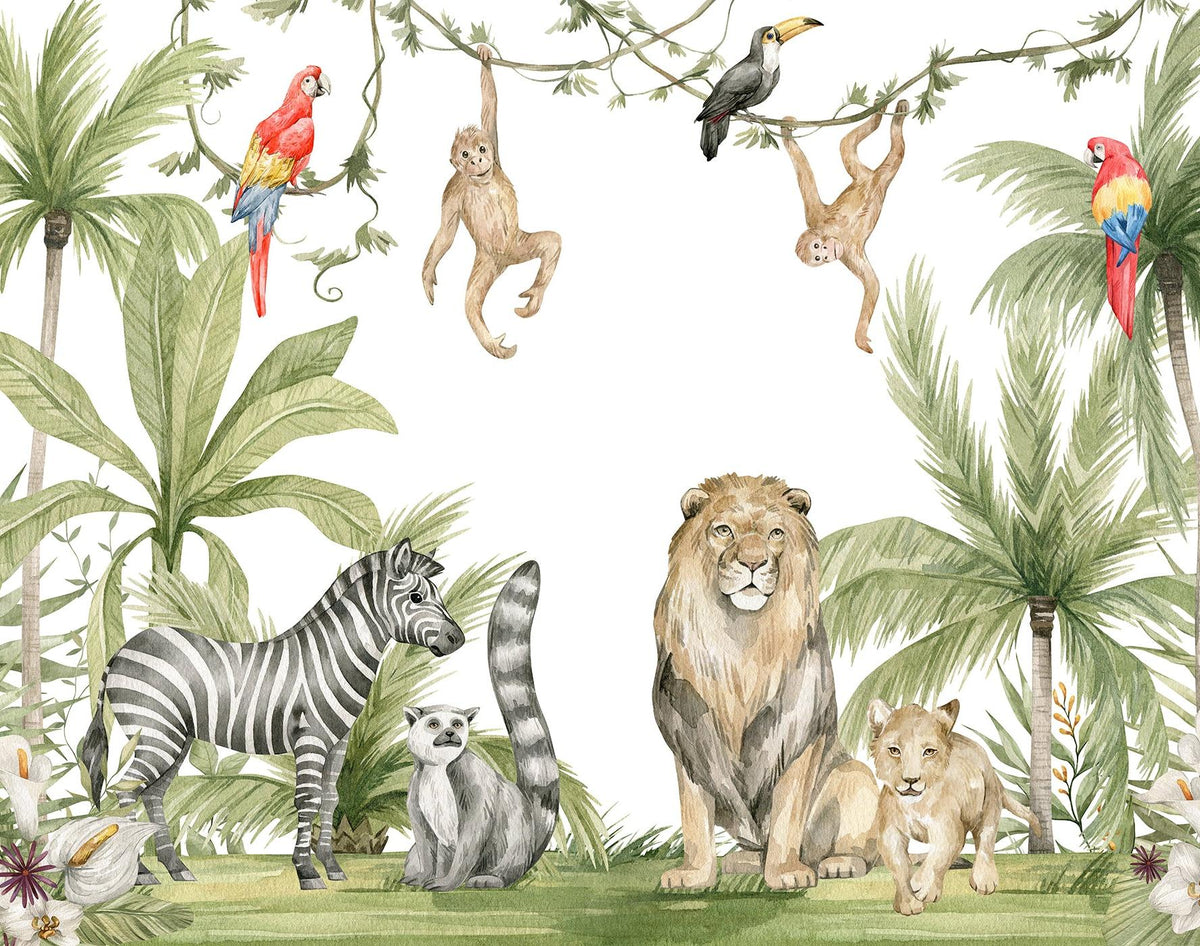 Papier peint jungle enfant zèbre lion singe