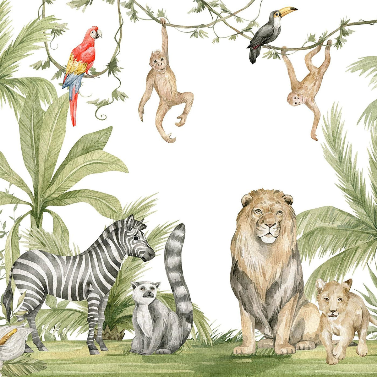 Papier peint jungle enfant zèbre lion singe