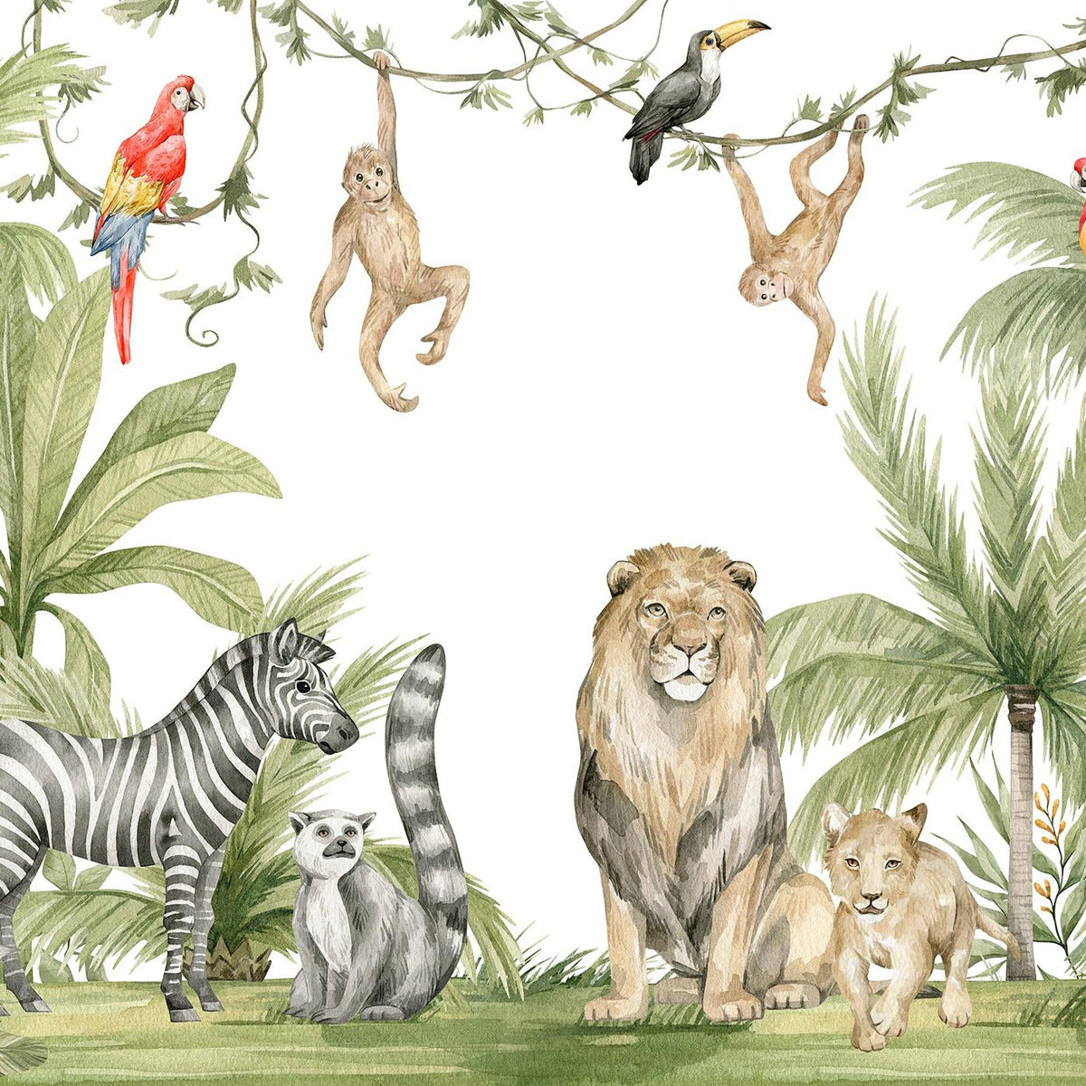 Papier peint jungle enfant zèbre lion singe