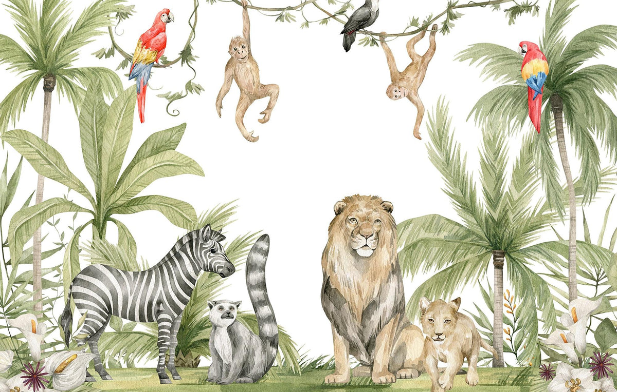 Papier peint jungle enfant zèbre lion singe