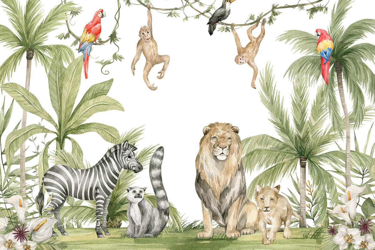 Papier peint jungle enfant zèbre lion singe