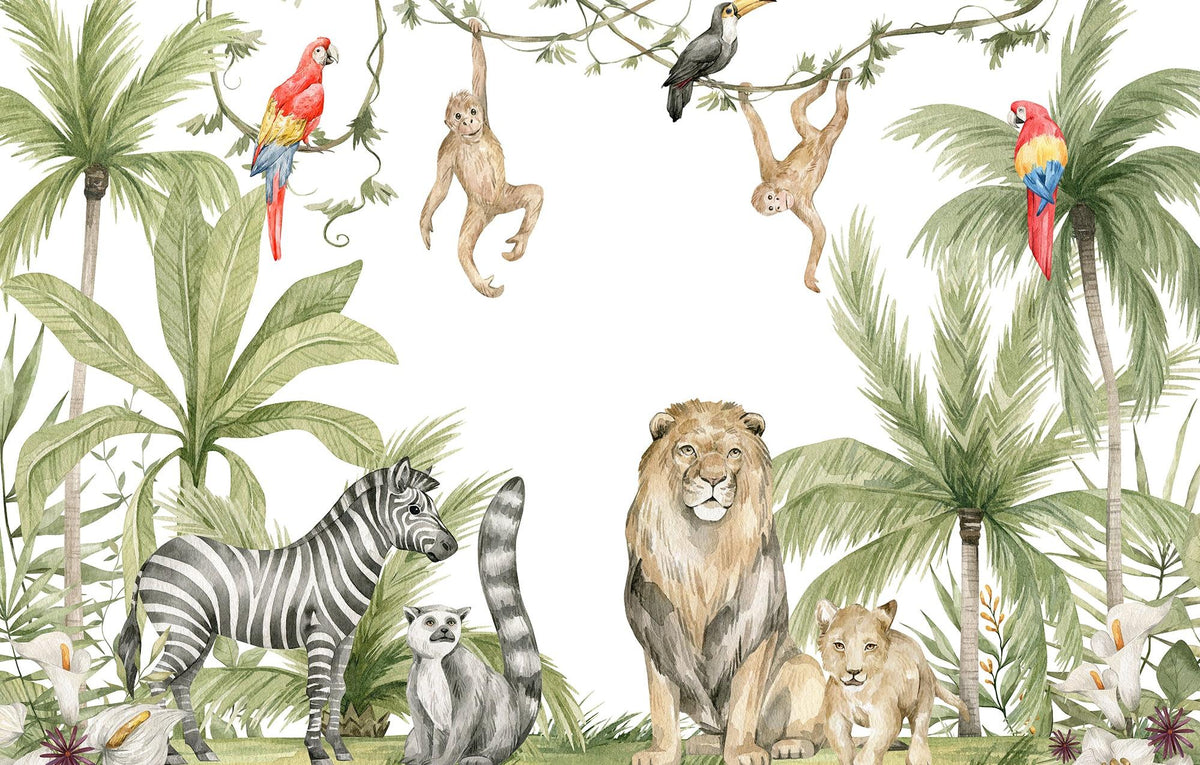 Papier peint jungle enfant zèbre lion singe