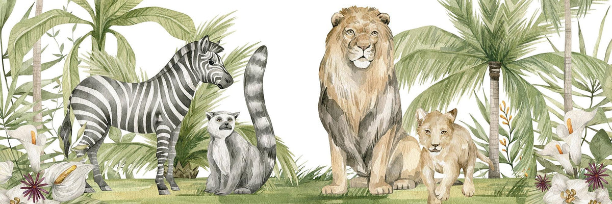Papier peint jungle enfant zèbre lion singe