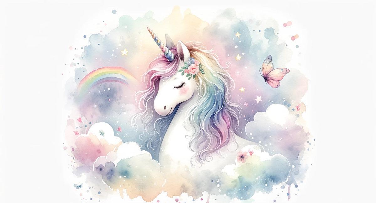Papier peint licorne aquarelle et arc-en-ciel