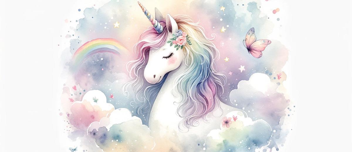 Papier peint licorne aquarelle et arc-en-ciel