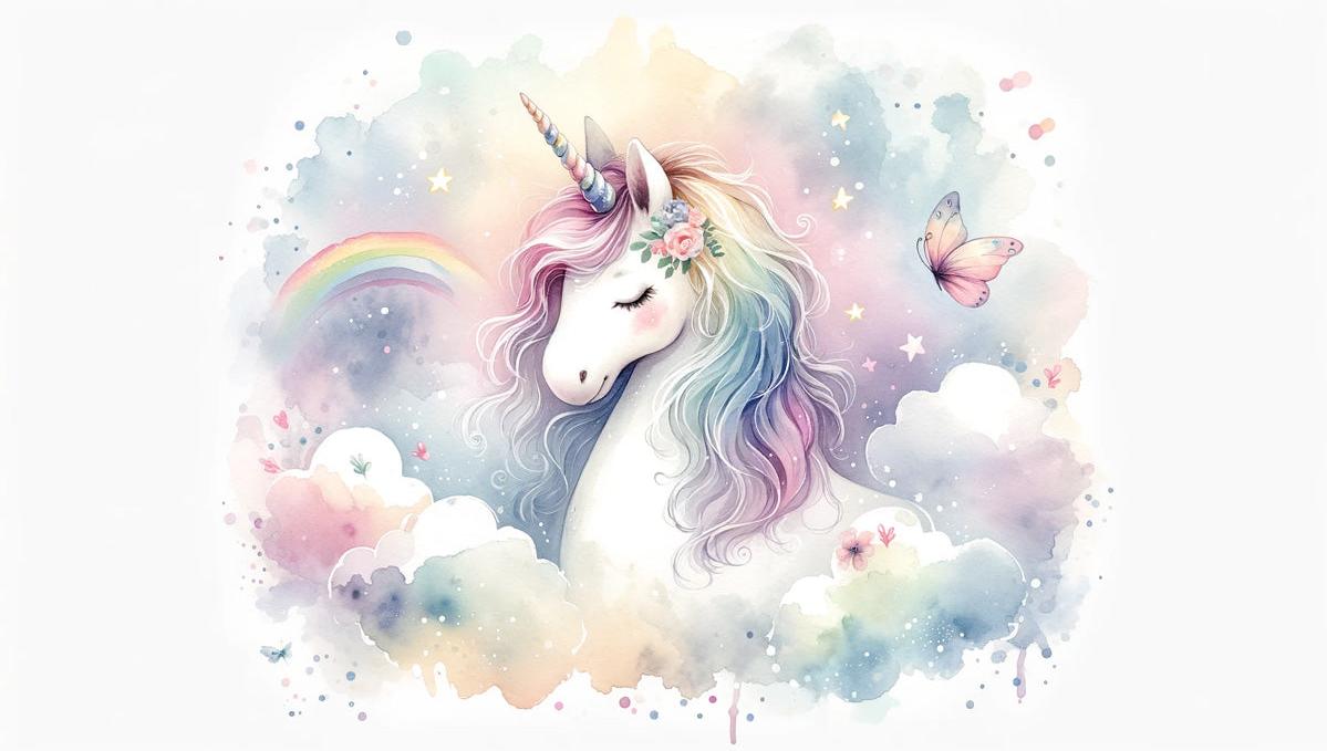 Papier peint licorne aquarelle et arc-en-ciel