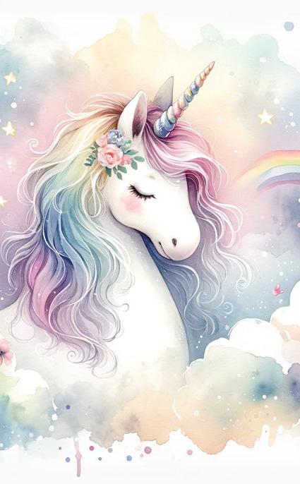 Papier peint licorne aquarelle et arc-en-ciel