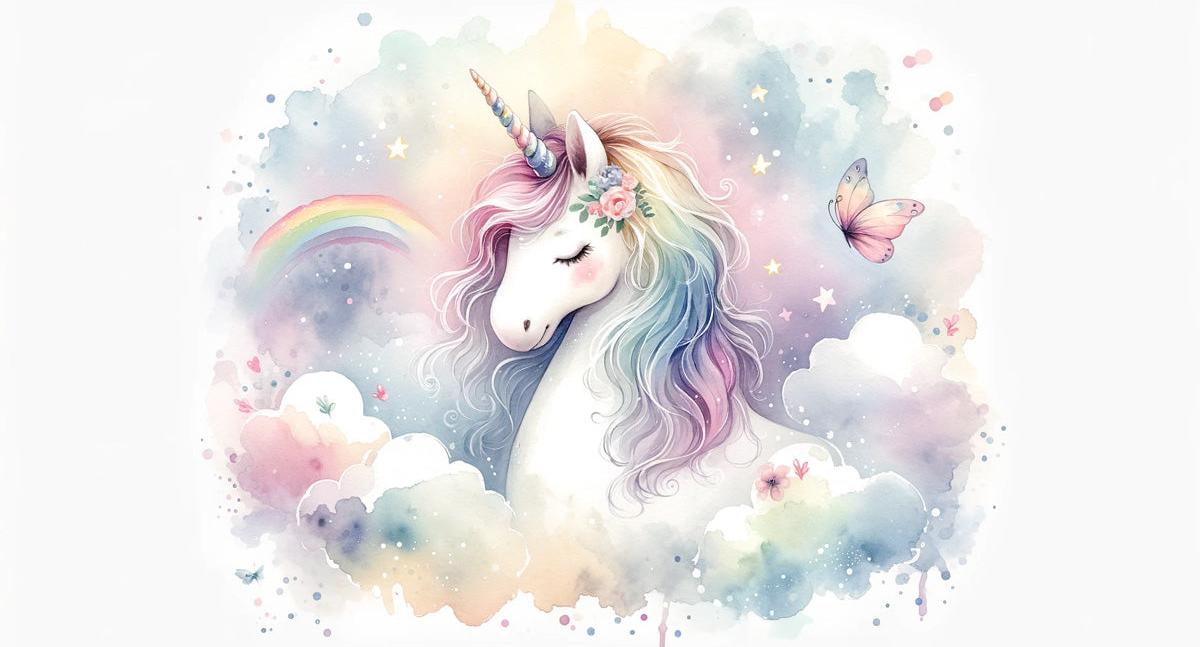 Papier peint licorne aquarelle et arc-en-ciel