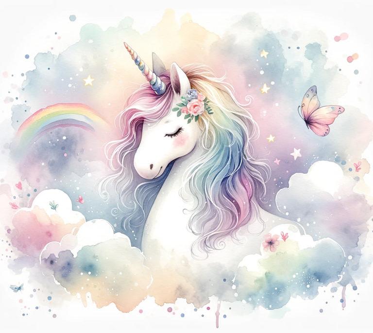 Papier peint licorne aquarelle et arc-en-ciel