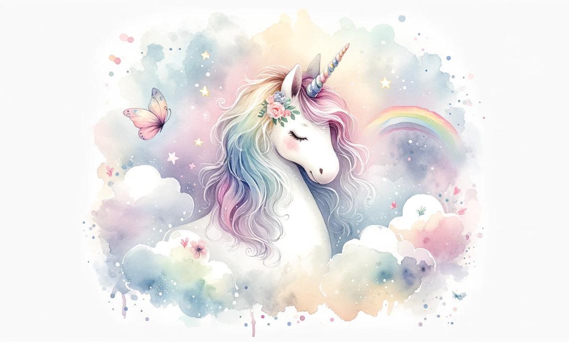 Papier peint licorne aquarelle et arc-en-ciel