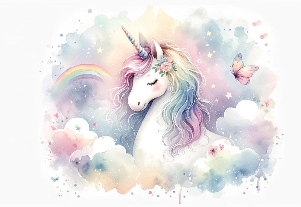 Papier peint licorne aquarelle et arc-en-ciel