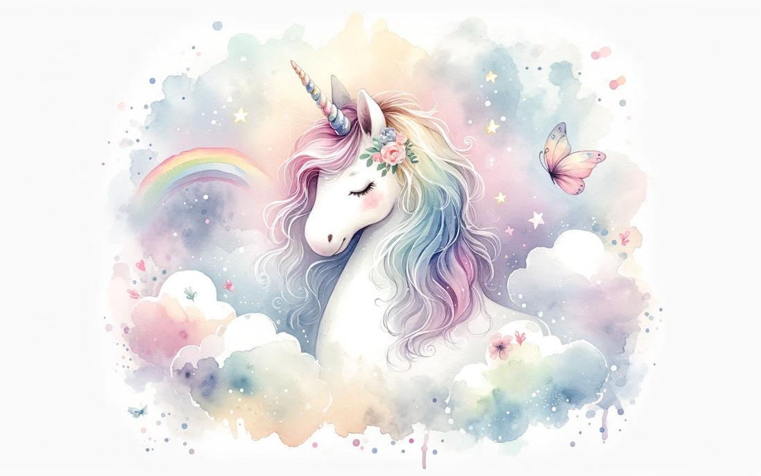 Papier peint licorne aquarelle et arc-en-ciel