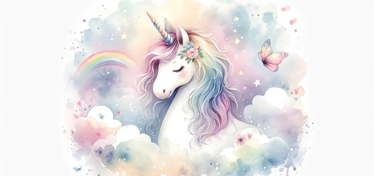 Papier peint licorne aquarelle et arc-en-ciel