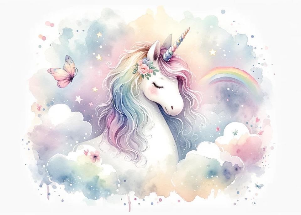 Papier peint licorne aquarelle et arc-en-ciel