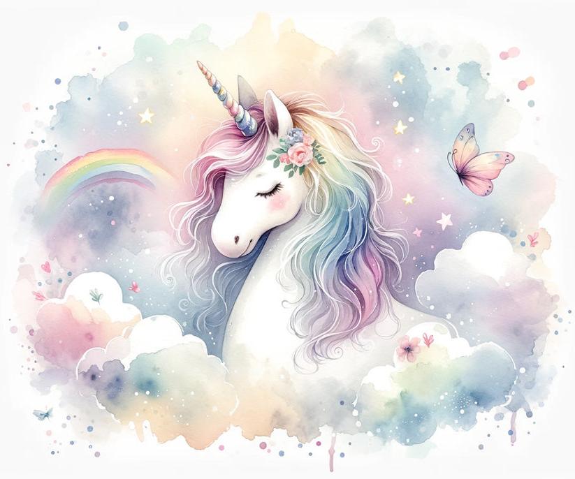 Papier peint licorne aquarelle et arc-en-ciel