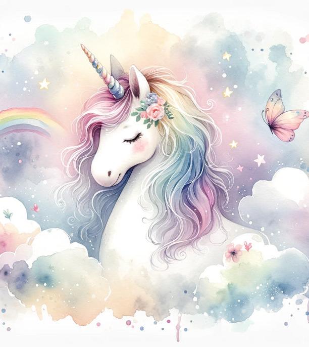 Papier peint licorne aquarelle et arc-en-ciel
