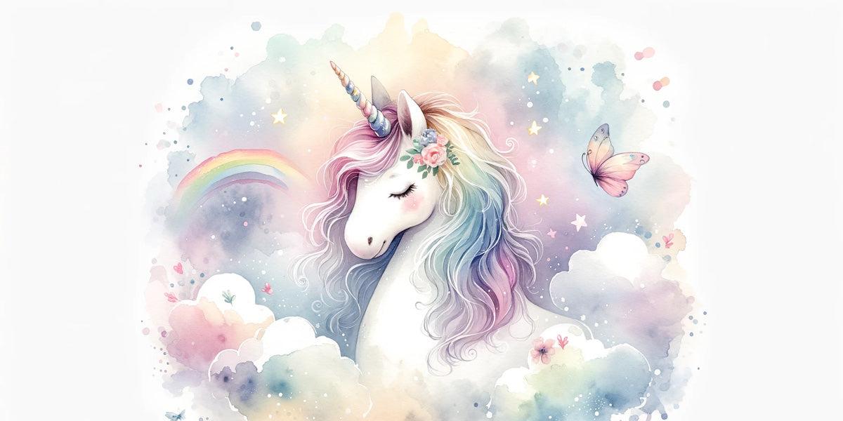 Papier peint licorne aquarelle et arc-en-ciel