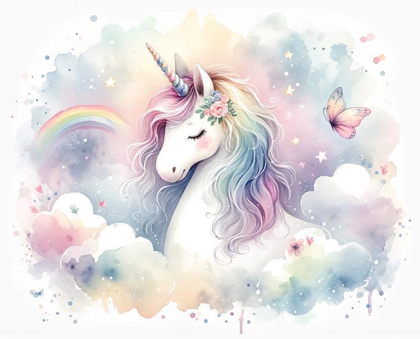Papier peint licorne aquarelle et arc-en-ciel