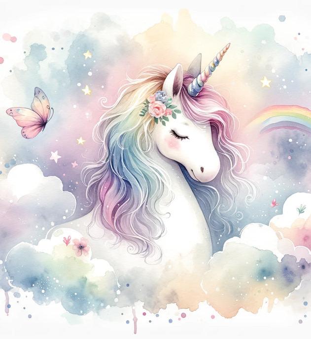 Papier peint licorne aquarelle et arc-en-ciel