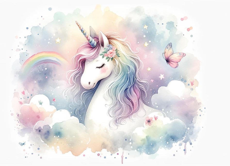 Papier peint licorne aquarelle et arc-en-ciel
