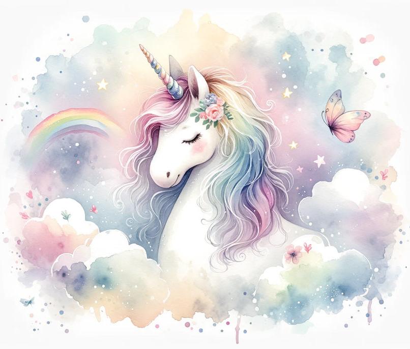 Papier peint licorne aquarelle et arc-en-ciel