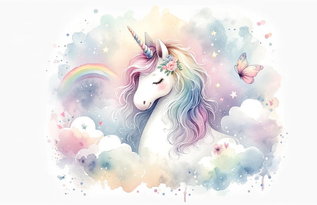 Papier peint licorne aquarelle et arc-en-ciel