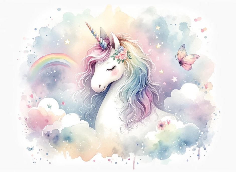 Papier peint licorne aquarelle et arc-en-ciel