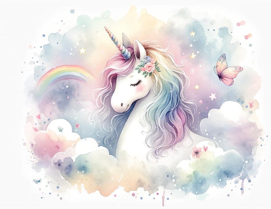 Papier peint licorne aquarelle et arc-en-ciel