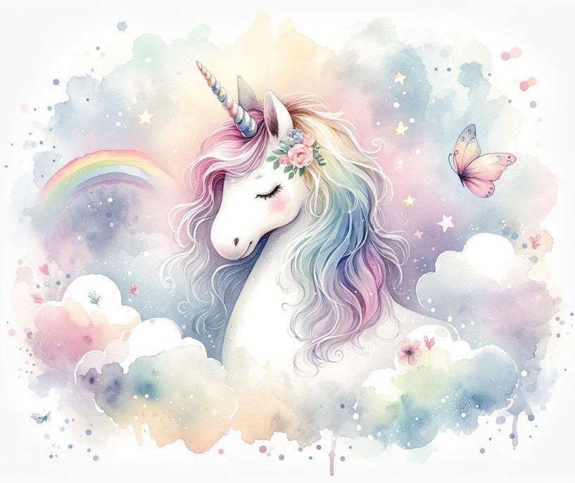 Papier peint licorne aquarelle et arc-en-ciel