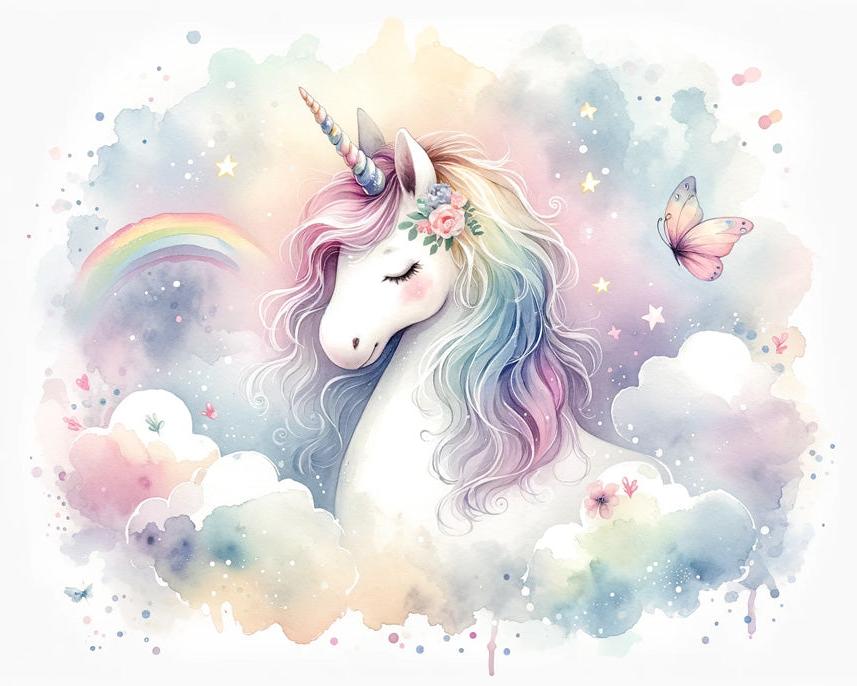Papier peint licorne aquarelle et arc-en-ciel